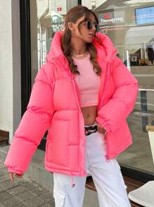 EURMUSE DAZY Solid Zip Up Big Hooded Puffer Thick Winter Coat - Pink - View 7