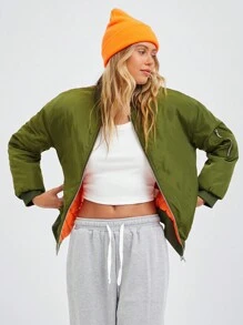 SHEIN EZwear Loose Fit Contrast Color Green Padded Flight Winter Coat, Winter Fall Outfit