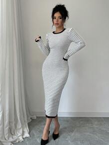 Calvaya Women's Backless Tied Strap Striped Form-Fitting Knitted Bodycon Sweater Dress