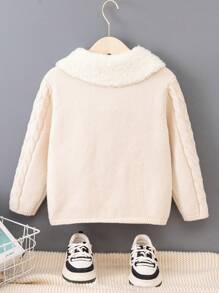 SHEIN Young Boys Turndown Collar Thick Cable Knit Cardigan, Fashion Minimalist Warm Fuzzy Collar Sweater - Beige - View 2