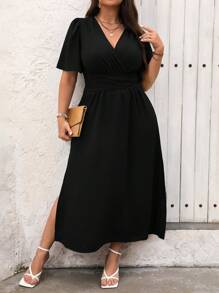 Celure Đầm Maxi Tay Phồng Cổ Chữ V Màu Trơn Mùa Hè Cho Nữ Size Lớn Trang Phục Nữ - màu đen - Xem 3