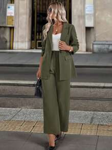 SHEIN LUNE Conjunto de traje para mujer: chaqueta y pantalones - Verde militar - Ver 3