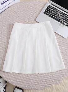 SHEIN Teen Girls Preppy Campus Outfit V-Neck Contrast Color Collar Letter Print Oversized Sweatshirt & White Pleated Mini Skirt Casual 2Pcs Set - Blue and White - View 5