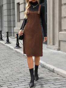 SHEIN LUNE Solid Color Thick Strap Sleeveless Mid-Length Dress, Autumn/Winter Corduroy Women Outfit