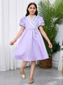 SHEIN Leap Crew 少女合身休闲撞色领蝴蝶结装饰纽扣西装领泡泡袖连衣裙 - 淡紫色 - 查看 9