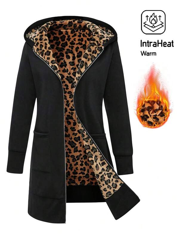 EMERY ROSE Plus Size Leopard Print Thermal Lined Hooded Zip-Up Jacket, For Winter Fall Cloth For Women Autumn