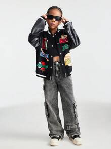 SHEIN Tween Girls Fall/Winter Y2k Back To School Preppy Sportswear Varsity Bomber Graphics Jacket For Halloween Football - Black - View 6