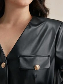 BizChic Chaqueta casual de manga larga con cuello en V, botones frontales y de piel de PU, talla grande - Negro - Ver 8
