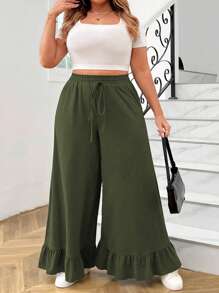 Calvaya Plus Size Vrouwen Effen Kleur Taille Strik Ruffle Zoom Losse Wijde Pijpen Broek