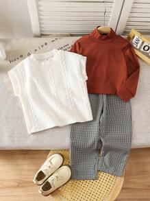 3pcs Young Girl Autumn Career Day Back-To-School Fashion Vintage Korean Style Knit Argyle Vest,Solid Color Rib Sweater&Black White Plaid Pants Suit - Multicolor - View 4