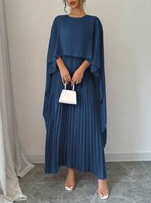 Rafferiza Đầm Maxi Rộng Xếp Ly Cổ Tròn Cánh Dơi Màu Trơn Cho Nữ Trang Phục Nữ Thanh Lịch & Quyến Rũ - Màu xanh lam - Xem 5