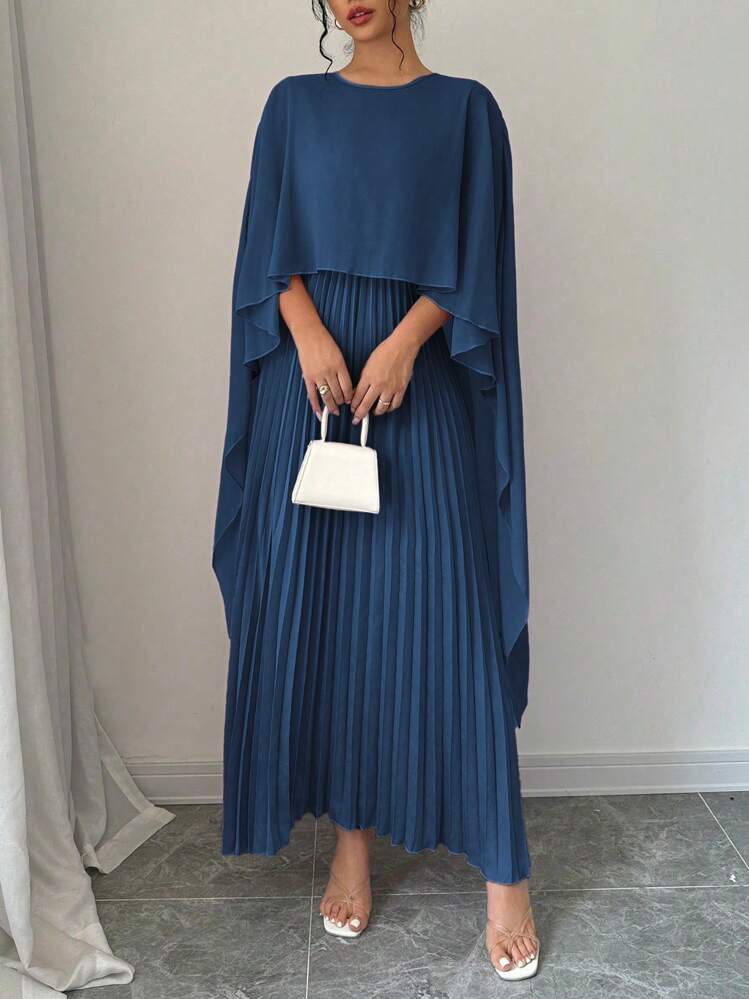 Rafferiza Robe longue ample plissée, élégante et charmante, à encolure ronde et manches chauve-souris, en couleur unie pour femme - Bleu azur - Voir 5