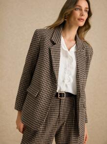 Poéselle 时尚卡其色复古休闲格纹西装外套，适合多种场合，长袖西装外套，配有隐形衬里和口袋，适合办公室和休闲场合，量身定制的剪裁，永恒的图案，现代风格，适合有抱负的职业女性，可选择搭配格纹西装裤，2024 秋冬