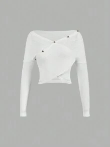 SHEIN MOD 白色露肩 V 领透明女式针织毛衣 - 白色 - 查看 1