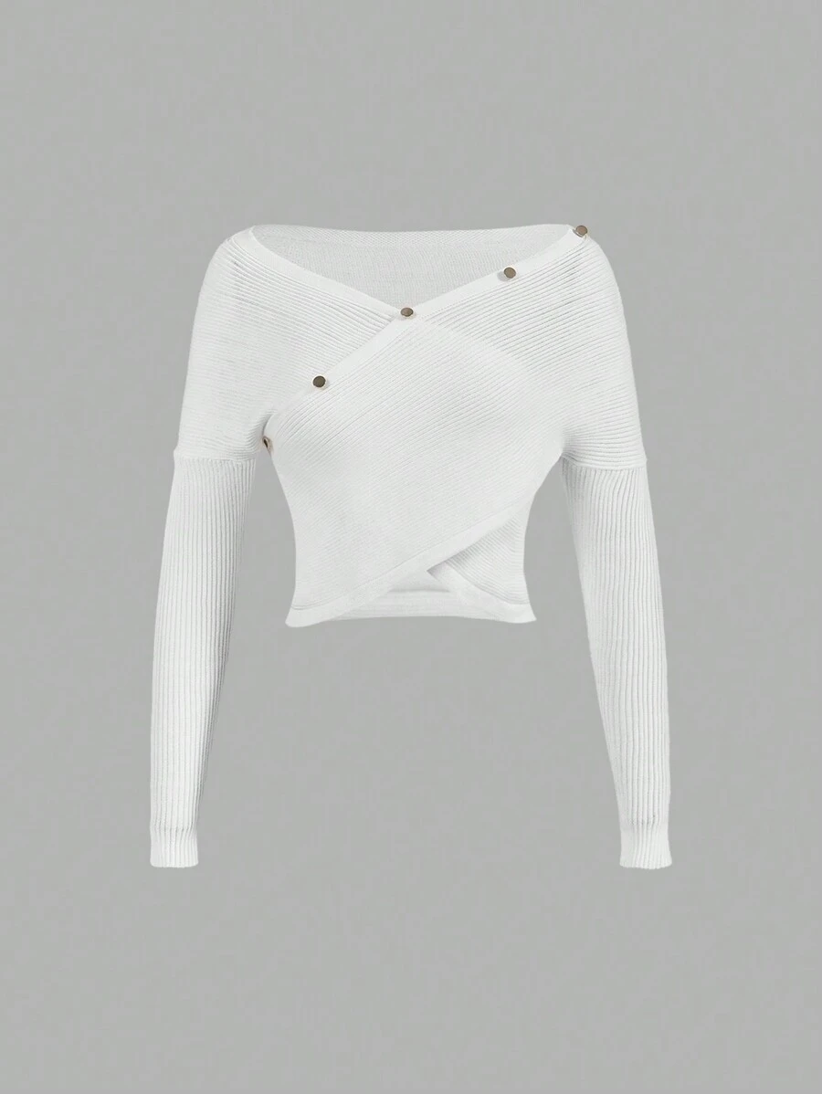 SHEIN MOD 白色露肩 V 领透明女式针织毛衣 - 白色 - 查看 1