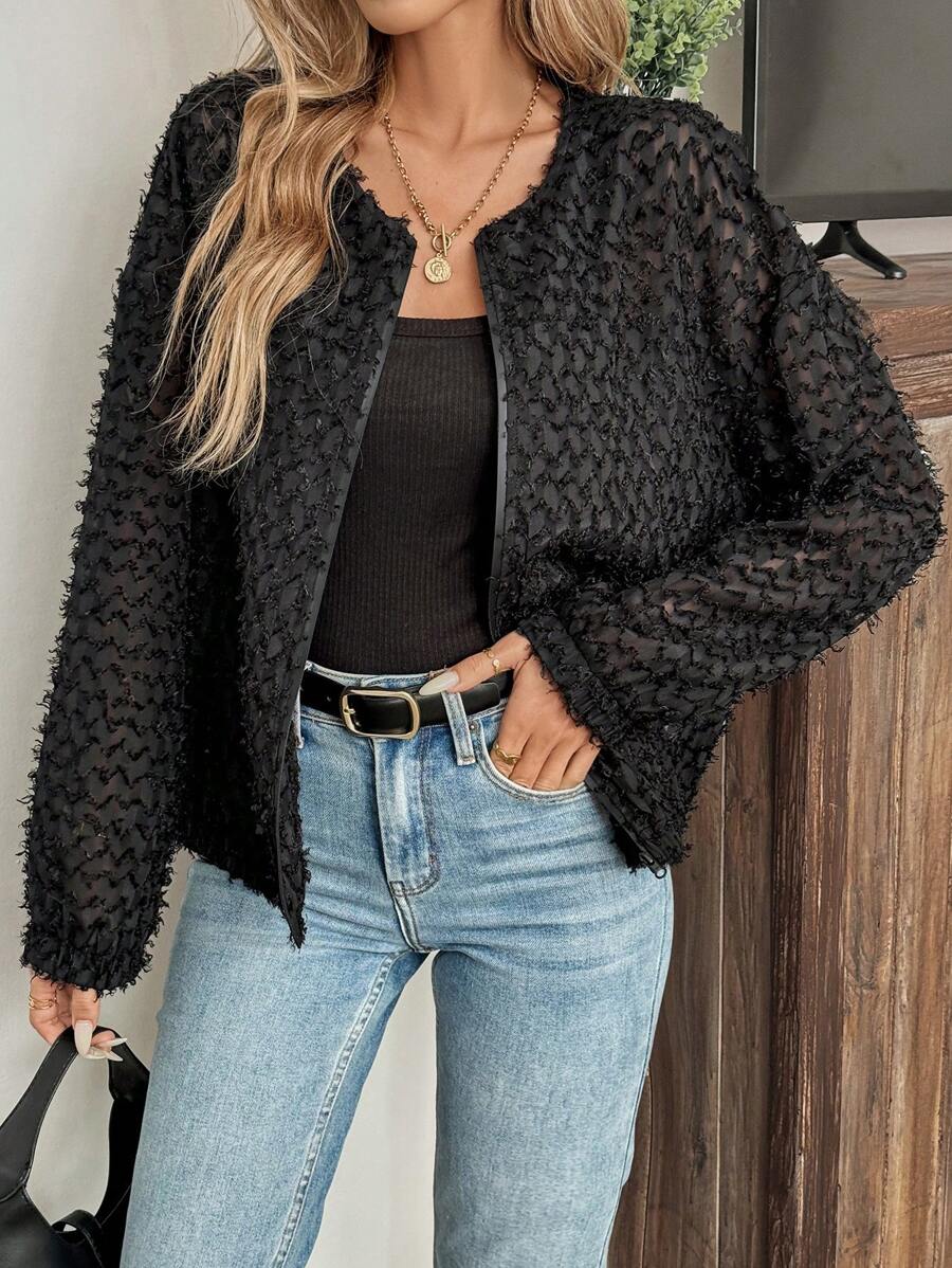 SHEIN LUNE Textured Cut-Out Pattern Casual Commute Fluffy Jacket For Women, Autumn/Winter Fall Clothes Women Holiday Outfits Business Casual Women Office Wear Women Business Casual Woman - Black - View 1