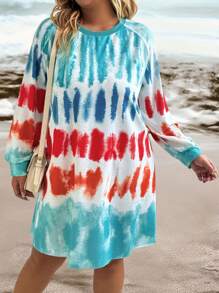 Plus Size Allover Print Crew Neck Long Sleeve Sweatshirt Pullover Fall Outfit - Multicolor - View 4