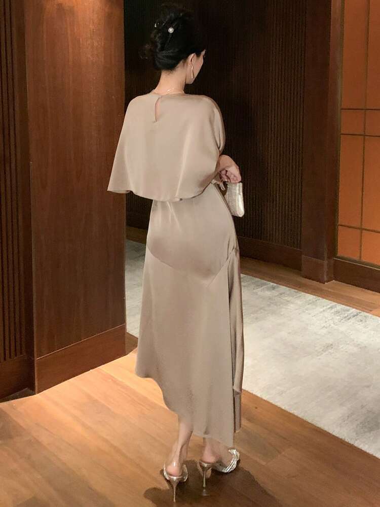 Solid Color Mid-Length Ruffle Hem Dress For Women, Birthday Prom Dress  Sundress,Fall Clothes Elegant Women DressesDAZY