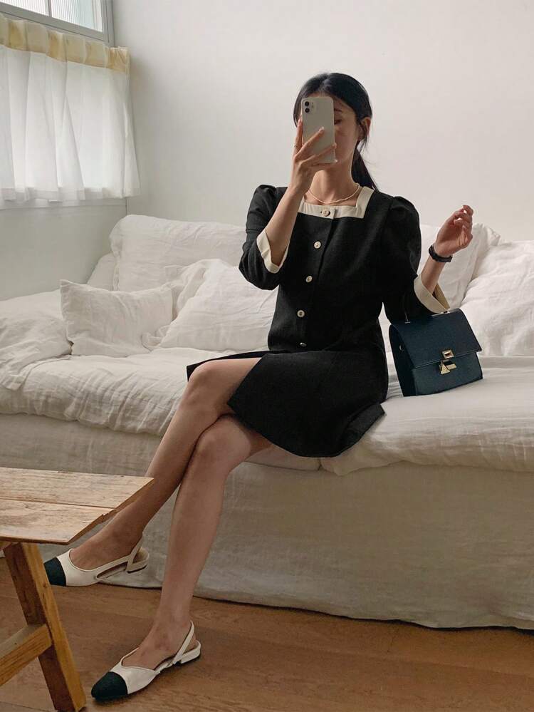 Women Color Block Puff Sleeve Single-Breasted Elegant Dress