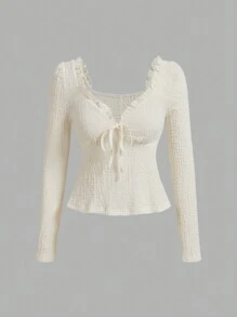 SHEIN MOD Apricot Color Long-Sleeved T-Shirt With Lace-Up Front Decoration, Doll Top, Autumn T-Shirt, Back-To-School T-Shirt, Cute T-Shirt, T-Shirt - Apricot - View 1