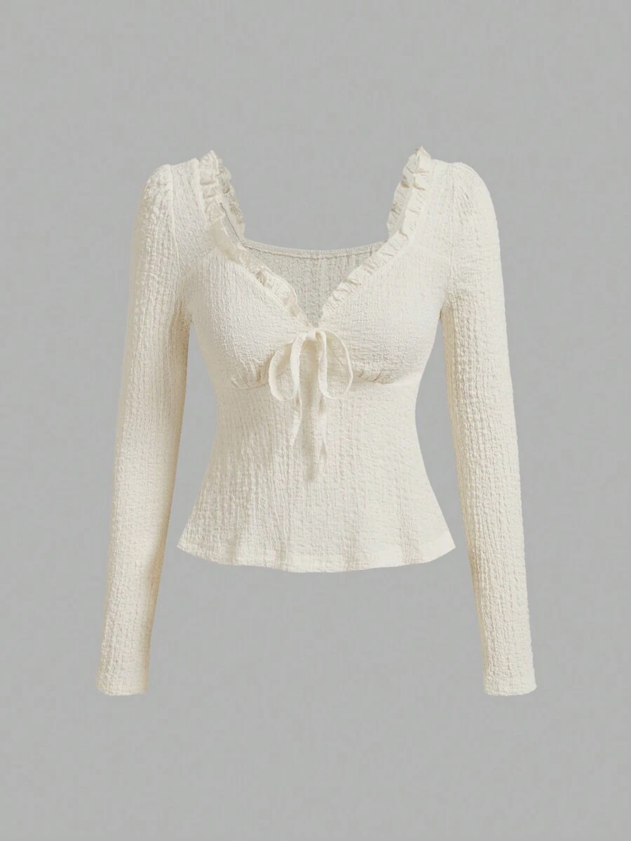 SHEIN MOD Apricot Color Long-Sleeved T-Shirt With Lace-Up Front Decoration, Doll Top, Autumn T-Shirt, Back-To-School T-Shirt, Cute T-Shirt, T-Shirt - Apricot - View 1