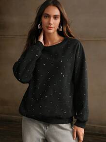 Anewsta Áo nỉ dài tay cổ tròn đính đá kiểu dáng thường ngày dành cho nữ, thích hợp cho mùa thu. - màu đen - Xem 7