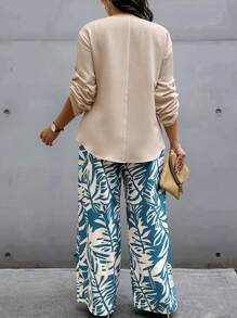 EMERY ROSE 2 件大码 V 领纽扣前长袖上衣和全身印花长裤套装 - 随机印花 - 彩色 - 查看 2