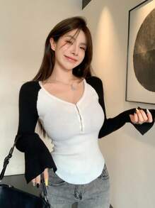 DAZY 女式拼色圆领毛衣，秋装 - 白色 - 查看 8