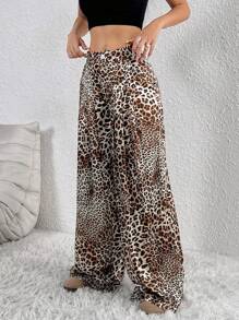 SHEIN Unity Women's Leopard Print Wide Leg Loose Pleated Casual Pants Fall Cloth For Women - Multicolor - View 3