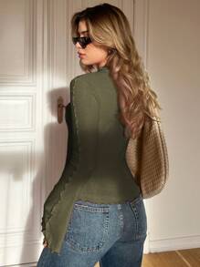 Siren Gaze Women's Solid Color Ruffled Collar Long Sleeve Ribbed Casual T-Shirt, Spring & Summer Winter Green Christmas - Army Green - View 2