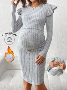 SHEIN Đầm ôm body xếp nếp tay dài cổ tròn màu trơn mùa xuân hè cho bà bầu, dành cho bà bầu - Màu Khaki - Xem 1