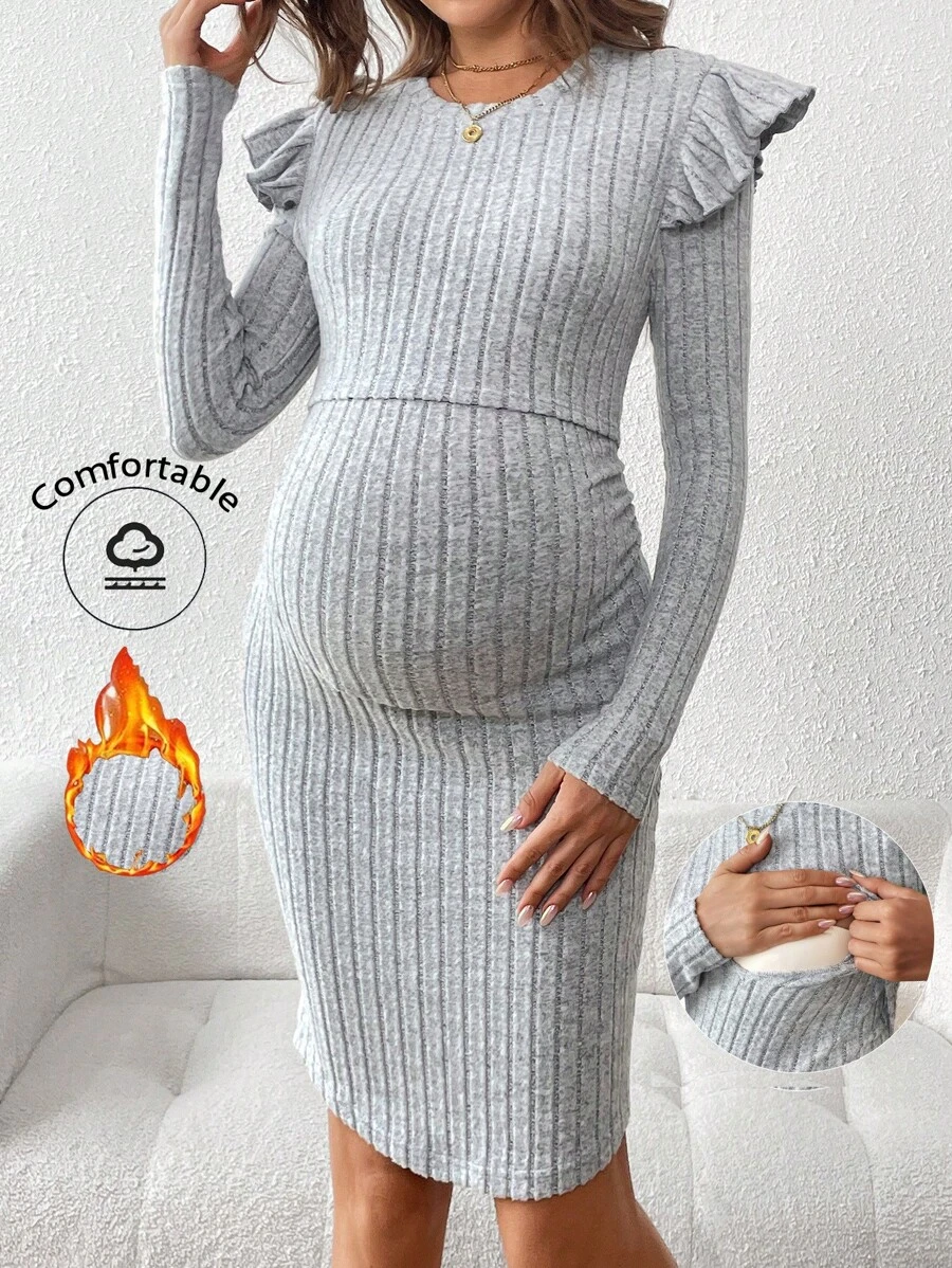SHEIN Đầm ôm body xếp nếp tay dài cổ tròn màu trơn mùa xuân hè cho bà bầu, dành cho bà bầu - Màu Khaki - Xem 1