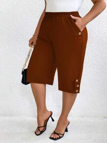 Plus Size Women Solid Color Elastic Waist Button Decor Pockets Casual Pants - Rust Brown - View 1