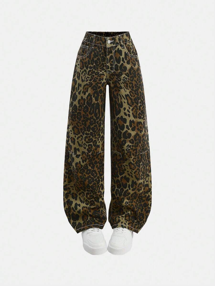 SHEIN Teen Girl Y2K Streetwear Low Waist Leopard Print Jeans