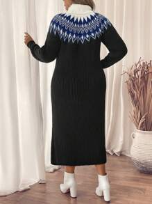 SHEIN LUNE Vestido de suéter manga larga holgado de cuello alto con patrón geométrico Fairisle negro para mujer talla grande, otoño invierno