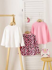 Genkimix Kids 3 件套年轻女孩豹纹 T 恤，可爱彩虹独角兽和豹纹图案组合上衣，长袖圆领 T 恤，适合日常穿着或秋冬季分层穿着 - 粉色 - 查看 2