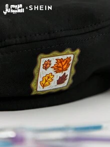 SHEIN X Arab Artists 1pc Cute Basics Artist Collaboration Fall Leaves Print Yellow Beret Hat, Unisex Casual - Black - View 3