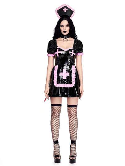 ROMWE Avant Halloween Role Playing Cosplay Sexy Nurse PU Leather Dress Costume