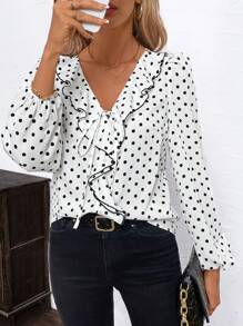 SHEIN Clasi Blusa elegante con cuello de volantes de contraste negro, manga farol y lunares para mujeres