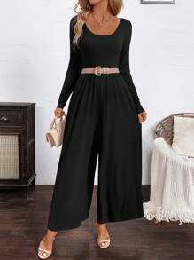SHEIN Clasi Macacão Casual Feminino de Manga Longa Preta com Perna Larga e Decote em U, Confortável e Versátil, Outono - Cinza - Visão 5