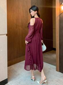 DAZY Women Solid Color Ruffle Ruffle Hem Chiffon Dress, Birthday ,New Year Eve Valentine Valentine's Day Prom Dress,Fall Clothes