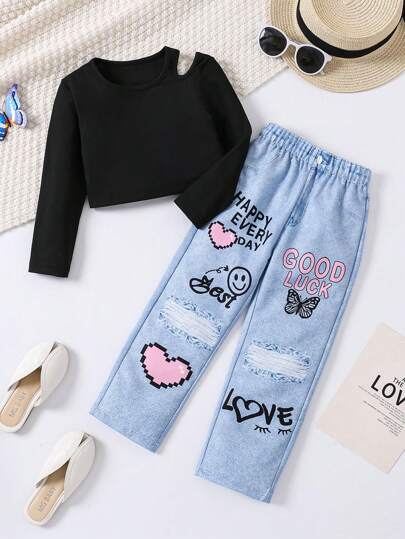 SHEIN Young Girl And Young Girl 2pcs/Set Casual Street Chic Short Crop Sweatshirt + Graffiti Print Straight Pants, For Outdoor/Casual Wear In Autumn/Winter