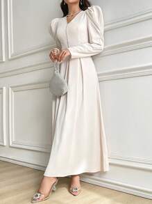 Modelyn Women's Elegant Solid Color Bishop Sleeve Dress, Spring & Autumn
