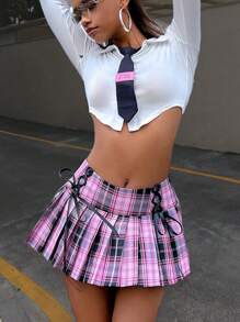 Y2K Preppy Ván Trượt Phong Cách Nhật Bản JK Tương Phản In Kẻ Sọc Phối Ren Phía Trước Xếp Ly Chân Váy Mini Với Quần An Toàn - Nhiều màu - Xem 1