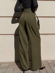 EURMUSE Damskie proste spodnie w jednolitym kolorze z paskiem - Czarne - Zobacz 2