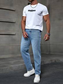 Manfinity Homme Men's Light Blue Denim Casual Straight Leg Jeans - Light Wash - View 5