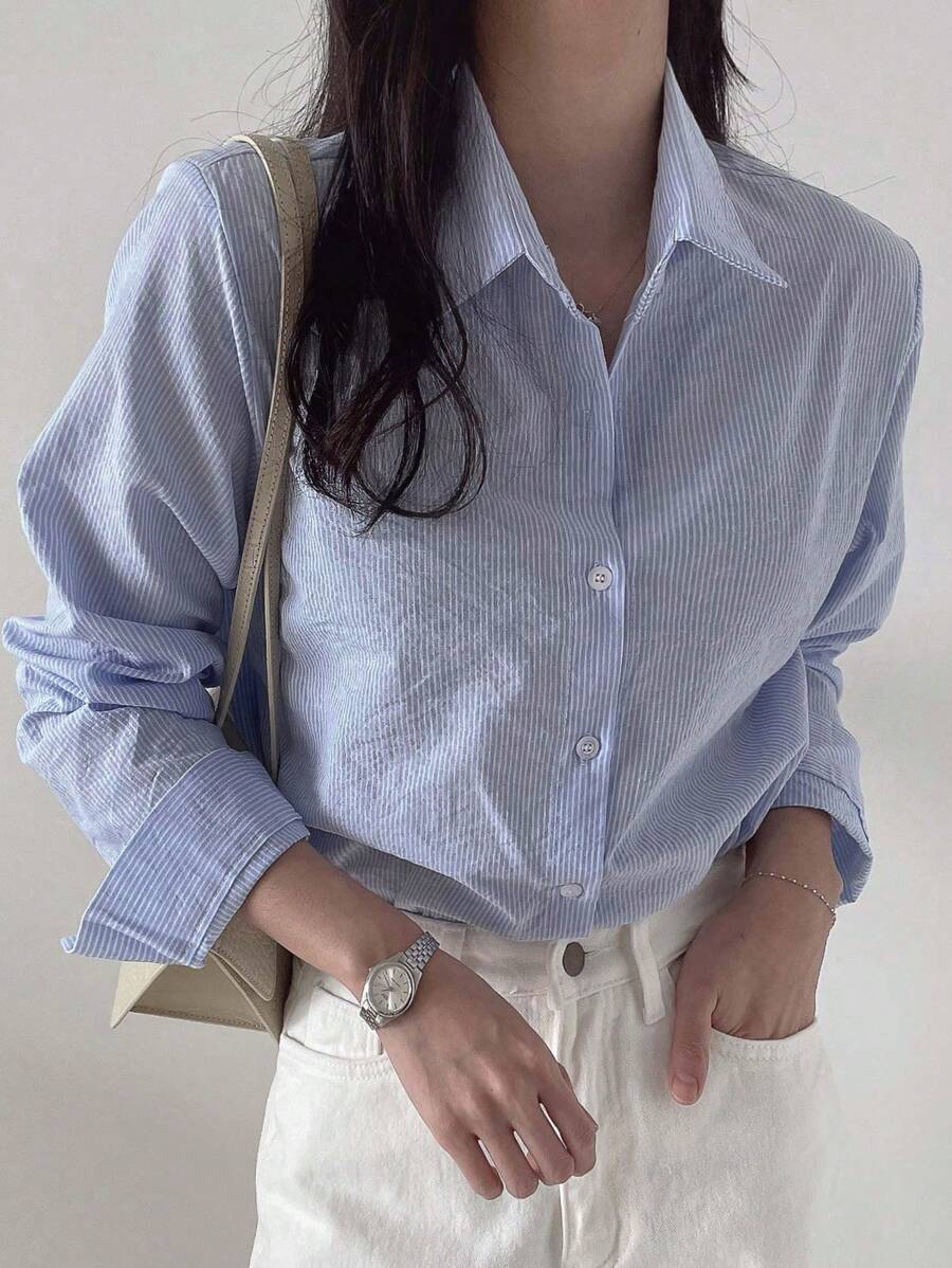 DAZY Camisa de manga larga a rayas de estilo casual para primavera y otoño, ropa de mujer para el otoño - Azul y blanco - Ver 1