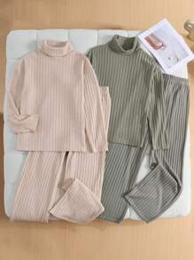 SHEIN 4pcs Tween Girl Loose Retro Knitted Turtleneck Loose Ribbed Long Sleeve T-Shirt And Wide Leg Pants Two-Pieces Set - Multicolor - View 4