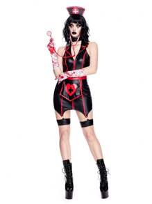 ROMWE Avant 黑暗万圣节角色扮演护士服装紧身 PU 连衣裙 - 黑色 - 查看 1