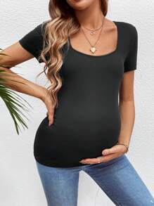 SHEIN 3pcs Maternity Casual Simple Black White & Gray Square Neck Short Sleeve Fitted Pregnancy Tops, Summer